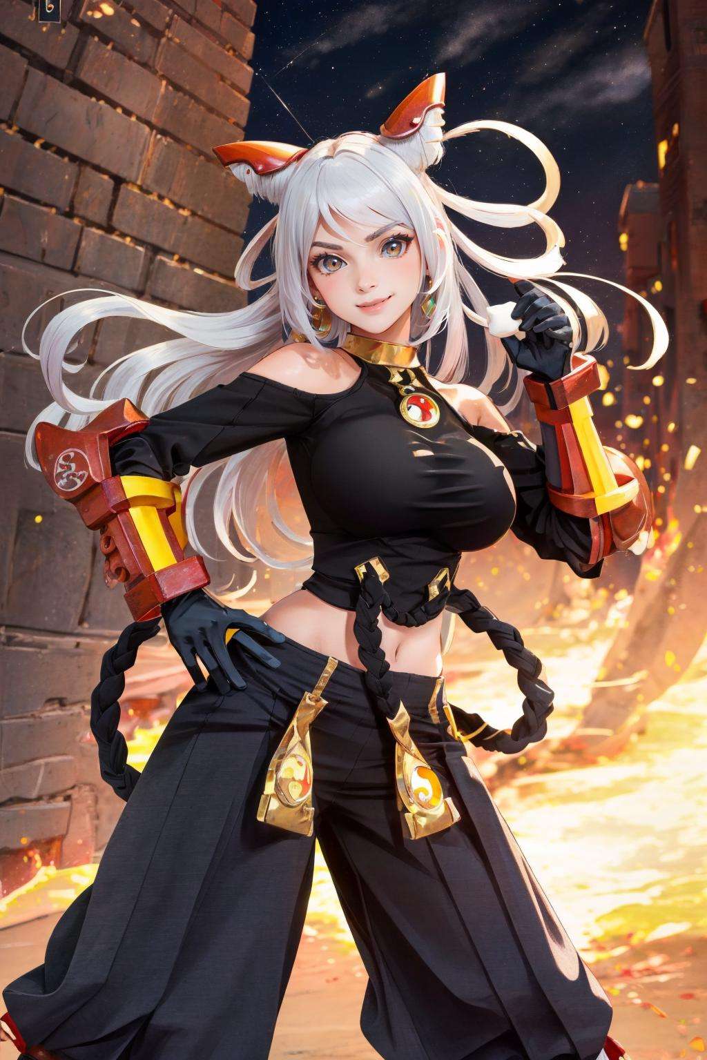 ((Big breasts)),((Big breasts)), 1girl, solo, looking at viewer, smile, gloves, brown eyes, jewelry, white hair, food, horns, pants, blurry, hand on hip, hair rings, yin yang, baozi  <lora:Qi-08:1>, castle, dark, fire, broken earth, arm armor, boxing hand, metal boxing gloves,  puff cheeks, (masterpiece,best quality:1.5), (masterpiece,best quality:1.5), Style of Francois Schuiten,Terrorwave (🛕,🏖️),🌸,🍀,🐚, Krysten Ritter, Energetic, mochi,at Nighttime,Viking,Minas Tirith