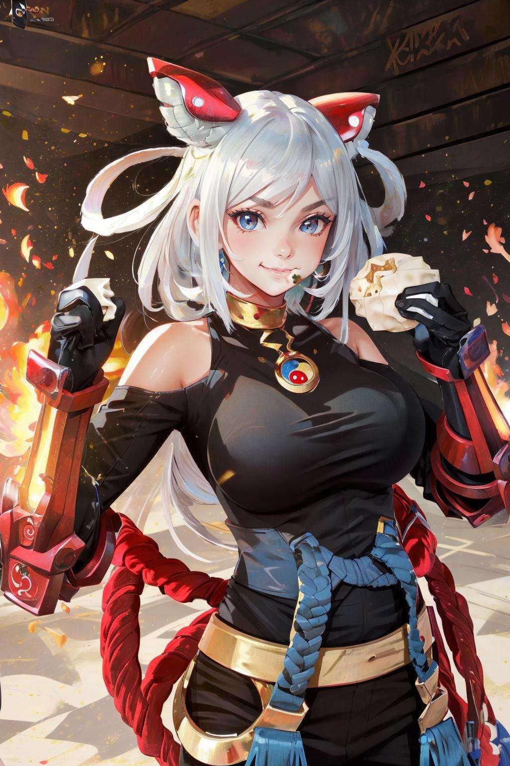 ((Big breasts)),((Big breasts)), 1girl, solo, looking at viewer, smile, gloves, brown eyes, jewelry, white hair, food, horns, pants, blurry, hand on hip, hair rings, yin yang, baozi  <lora:Qi-09:1>, castle, dark, fire, broken earth, arm armor, boxing hand, metal boxing gloves,  puff cheeks, (eating dumplings), (masterpiece,best quality:1.5), (masterpiece,best quality:1.5), Style of Audrey Kawasaki,Emopunk (🕌),🪵,🍁,🌿, Alexander the Great, Public speaking, wok,Hazy conditions,Cyborgy,Office building