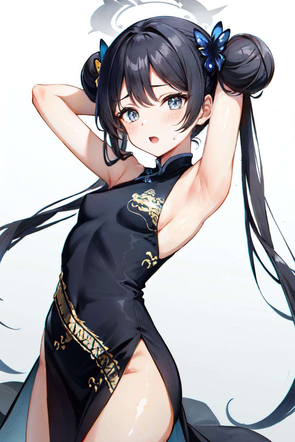 <lora:kisaki:0.7> 1girl, solo, long hair, looking at viewer, blush, open mouth, simple background, black hair, hair ornament, white background, dress, bare shoulders, twintails, very long hair, sweat, small breasts, armpits, hair bun, black dress, arms up, grey eyes, double bun, sideboob, chinese clothes, arms behind head, china dress, presenting armpit