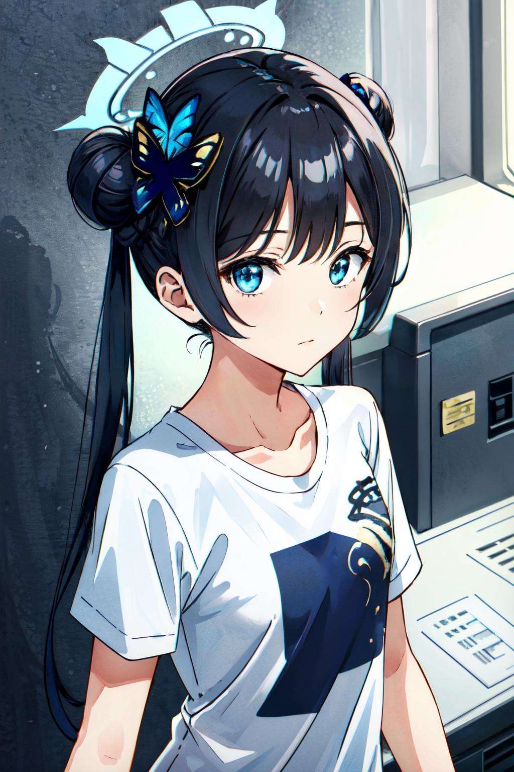 <lora:kisaki:0.7> kisaki(blue archive),1girl,solo,flat chest,upper body, black hair, blue eyes, halo,logn hair, twintail , hair bun, white t-shirt, short sleeves, hair ornaments ,looking at viewer, 