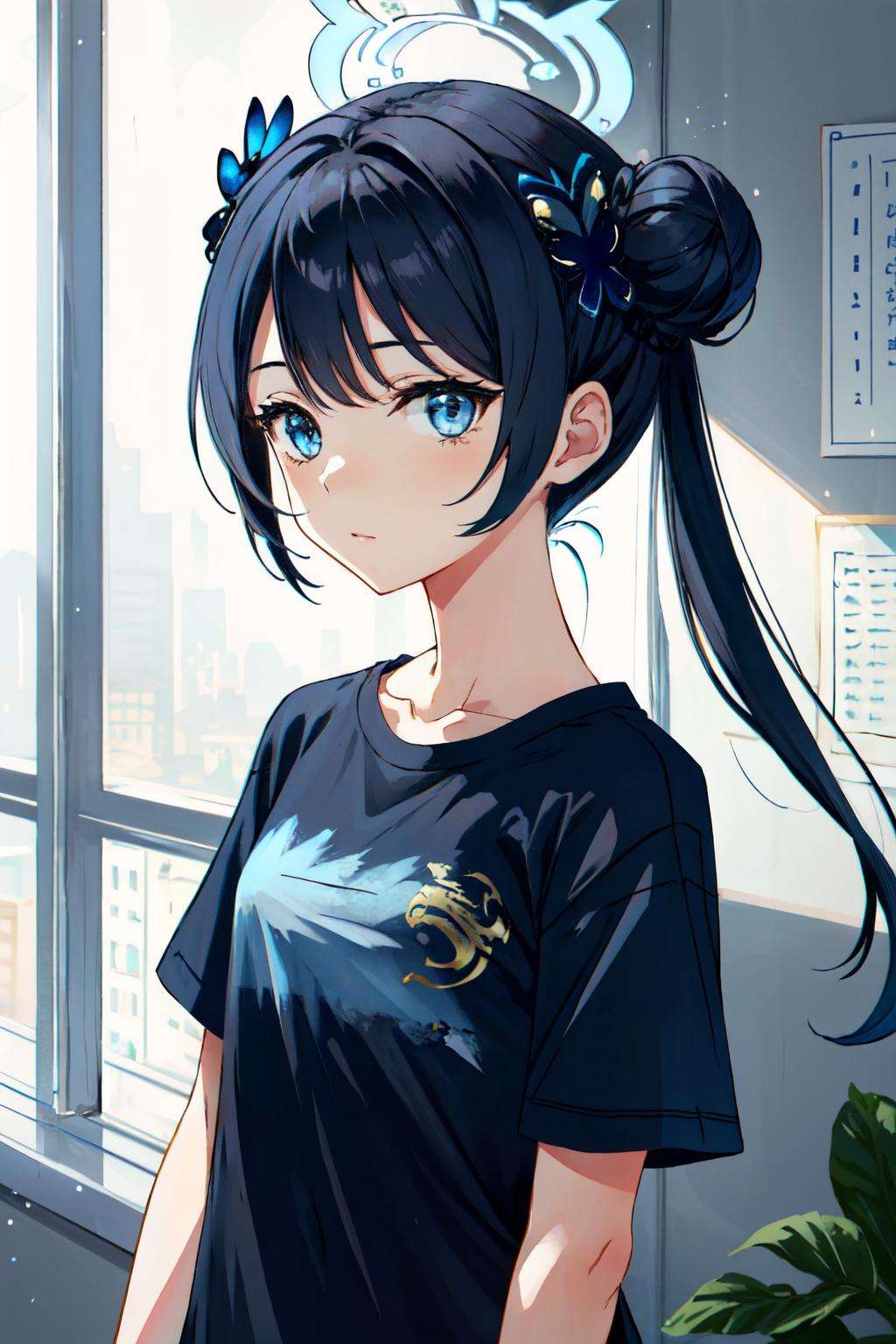 <lora:kisaki:0.7> kisaki(blue archive),1girl,solo,flat chest,upper body, black hair, blue eyes, halo,logn hair, twintail , hair bun, white t-shirt, short sleeves, hair ornaments ,looking at viewer, 