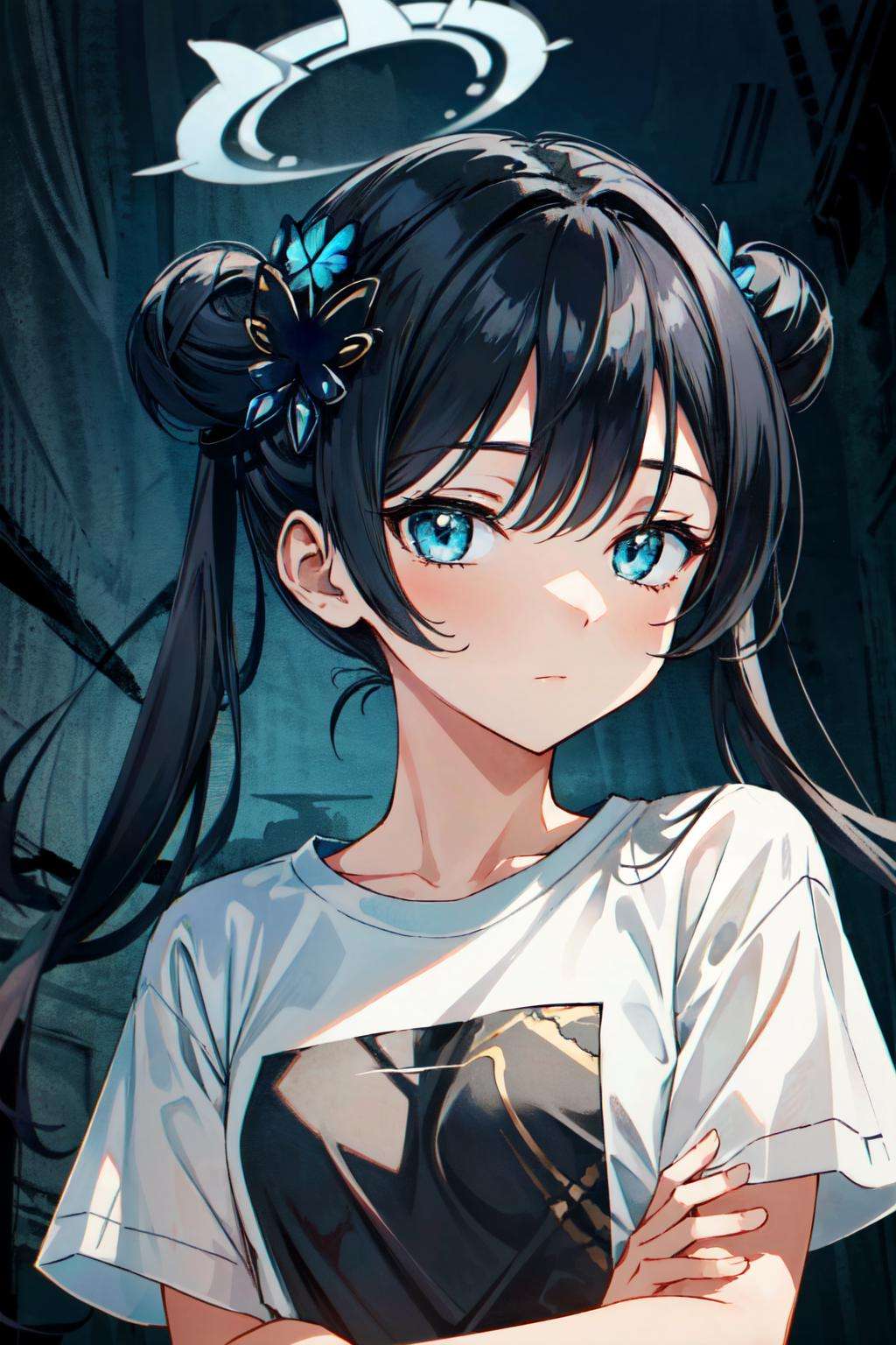 <lora:kisaki:0.7> kisaki(blue archive),1girl,solo,flat chest,upper body, black hair, blue eyes, halo,logn hair, twintail , hair bun, white t-shirt, short sleeves, hair ornaments ,looking at viewer, dark theme,horror