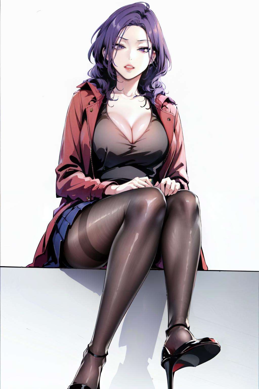 <lora:kim-10:1>Kim Mi-Jung, red jacket, pantyhose, 1girl, open clothes, cleavage, crossed legs, solo, purple hair, shirt, fishnet pantyhose, skirt, makeup, simple background, high heels, white background, large breasts, sitting, jacket, full body, legs, fishnets, parted lips, shoes, looking at viewer, lipstick , purple eyes