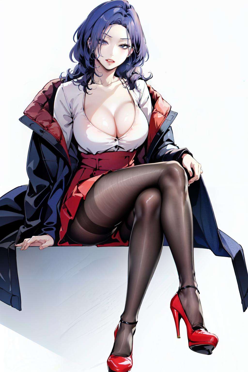 <lora:kim-10:1>Kim Mi-Jung, red jacket, pantyhose, 1girl, open clothes, cleavage, crossed legs, solo, blue hair, shirt, fishnet pantyhose, skirt, makeup, simple background, high heels, white background, large breasts, sitting, jacket, full body, legs, fishnets, parted lips, shoes, looking at viewer, lipstick