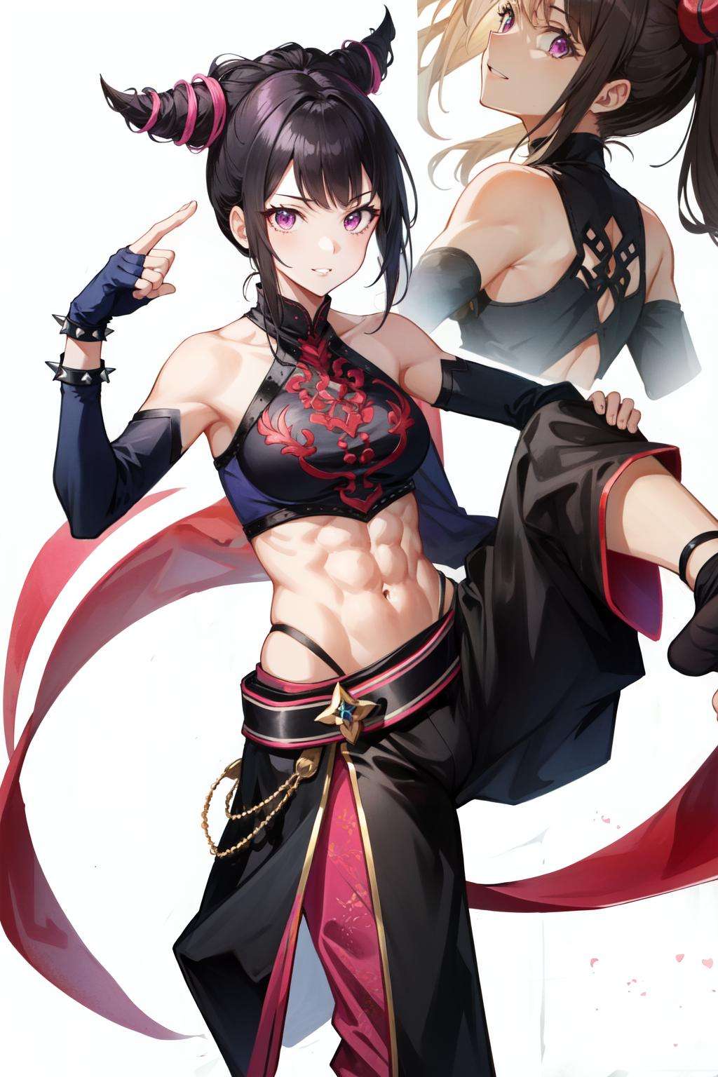 han juri(SF), white background, spikes, 1girl, toeless legwear, toes, spiked bracelet, belt, bracelet, fighting stance, solo, feet, standing on one leg, standing, fingerless gloves, abs, leg up, jewelry, muscular, baggy pants, muscular female, blunt bangs, halterneck, parted lips, looking at viewer, gloves, smile, pink eyes, black hair, bare shoulders, hair horns, sidelocks, multiple views, toenails, pants, navel, purple eyes, midriff, chinese clothes<lora:han_juri-05:0.7>,