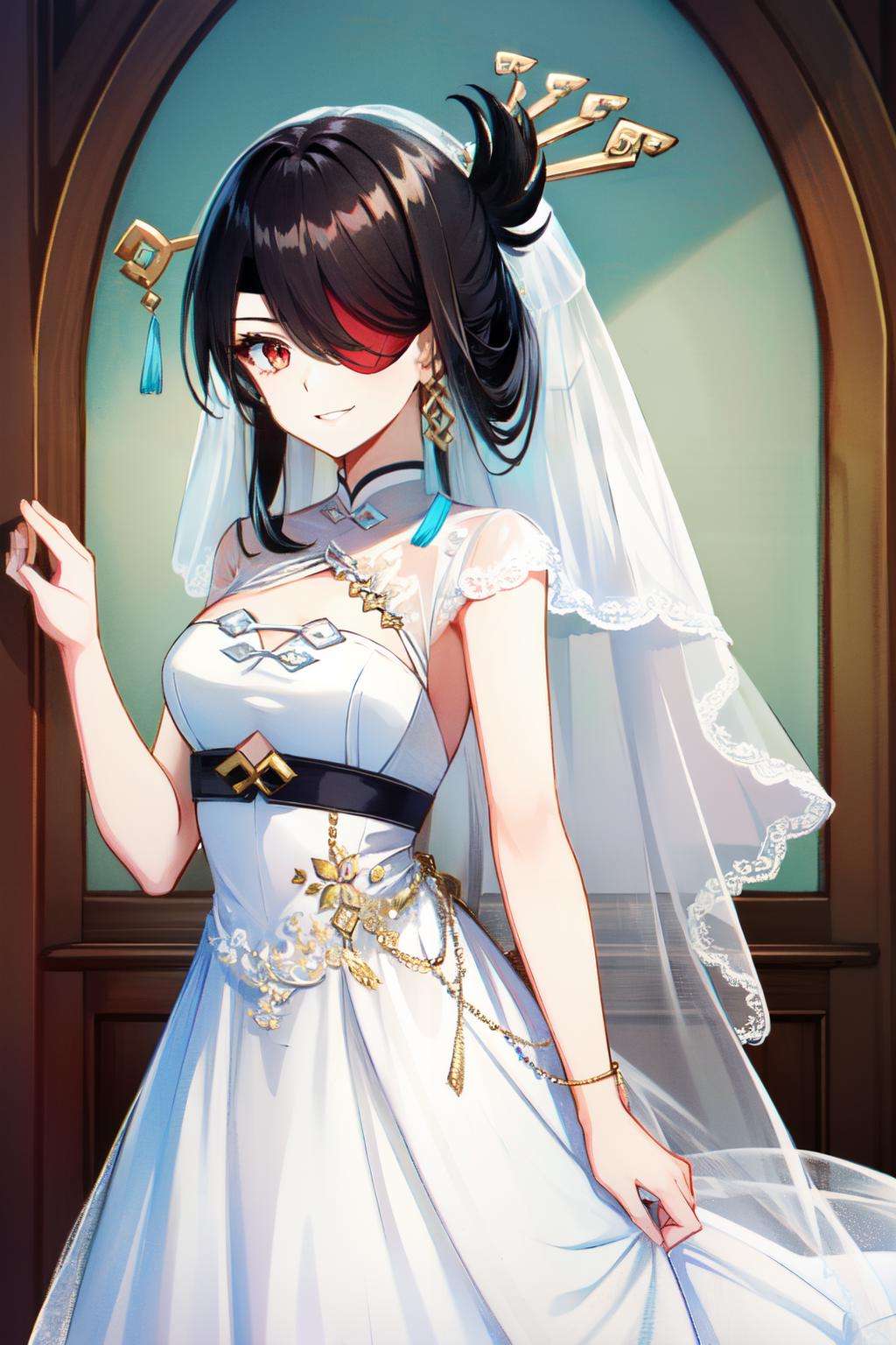 beidou(genshin impact),earrings, black hair, one eye covered, long hair, red eyes, looking at viewer, 1girl, eyepatch, solo, hair over one eye, hair ornament, jewelry,wedding dress, bridal veil, smile<lora:beidou-12:1>