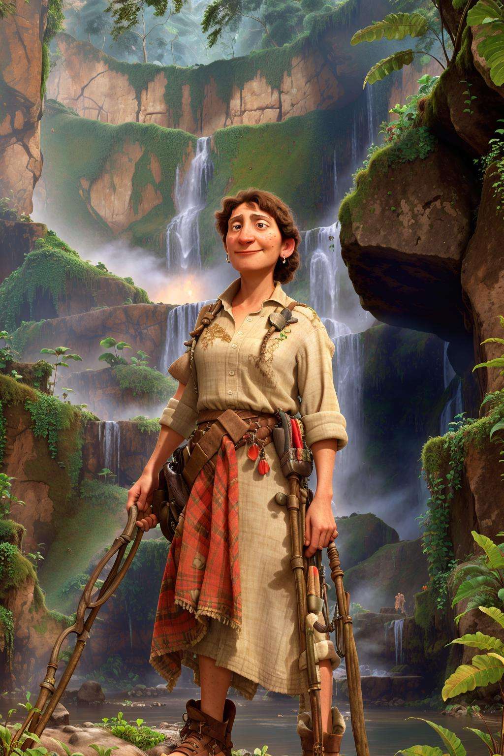 portrait of an old grandma near a waterfall in the jungle, back to the camera, indiana jones, lara croft, adventurer<lora:PIXAR_0.2:0.8> <lora:NU3d_V2:0.7>