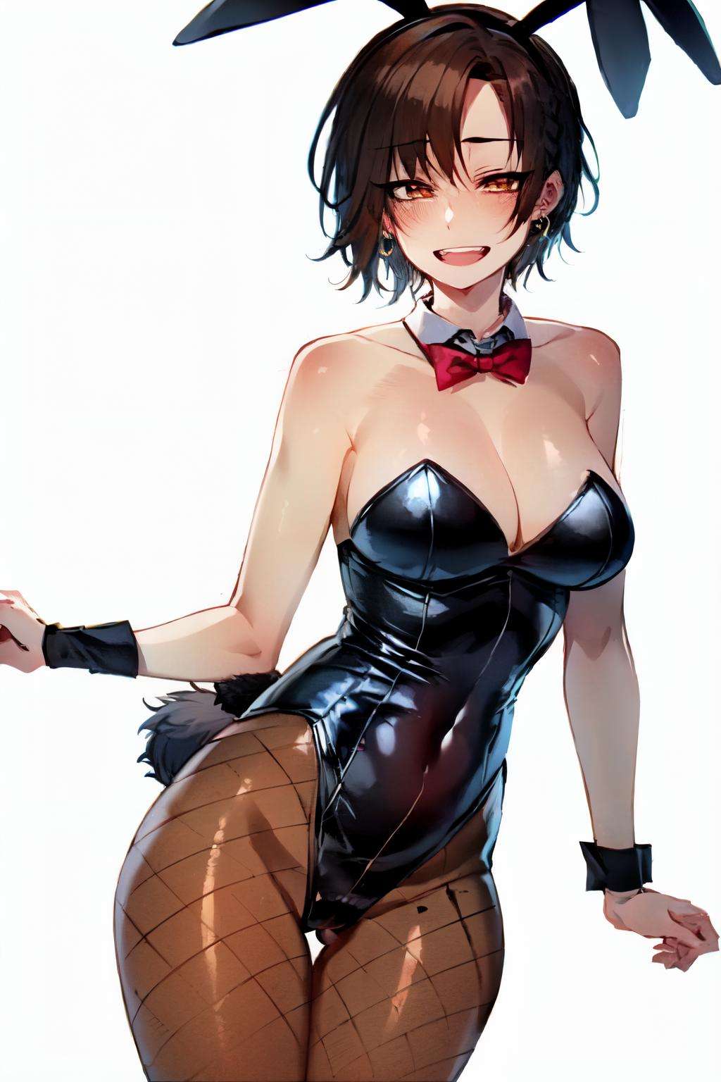 <lyco:ratatatat74 style:1>ratatatat74 style,1girl, breasts, pantyhose, playboy bunny, animal ears, solo, rabbit ears, large breasts, leotard, wrist cuffs, brown hair, brown eyes, cleavage, smile, braid, black leotard, fake animal ears, open mouth, detached collar, looking at viewer, white background, bare shoulders, short hair, bowtie, bow, reisalin stout, bangs, simple background, black pantyhose, thighs, covered navel, hair ornament, :d, strapless, earrings, strapless leotard, upper teeth only, side braid, black bow, jewelry, cowboy shot, highleg leotard, black bowtie, arm up