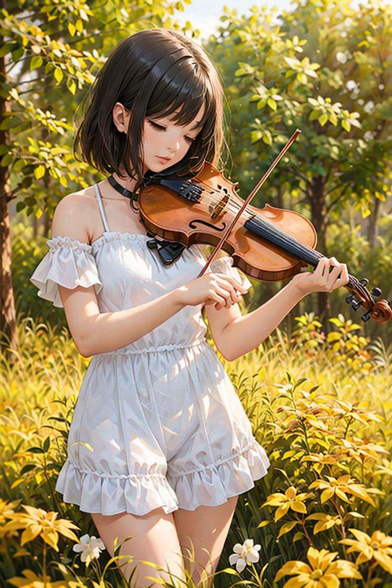 1girl, playing violin, violin, bow \(music\), spring, off-shoulder top, ((stand)),  <lora:violin_v6:0.67>, Bob Cut, skirt, big breasts, boot, closed eyes,best quality, 8k, masterpiece