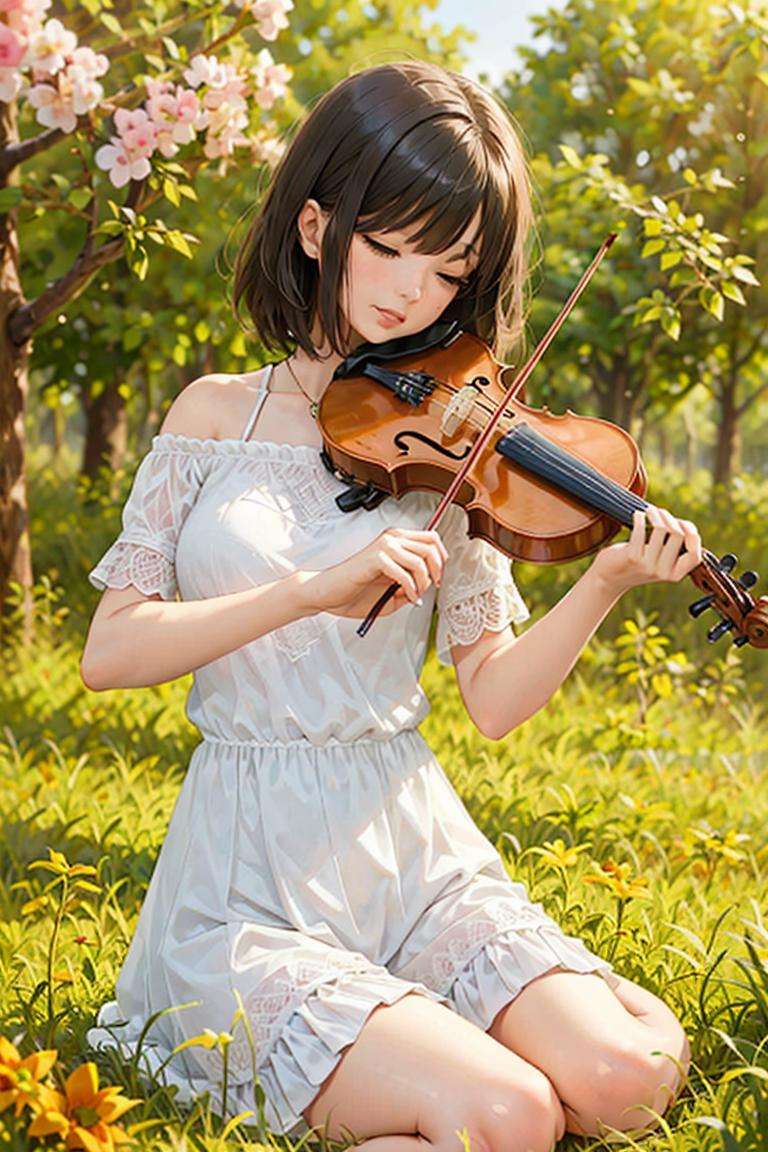 1girl, playing violin, violin, bow \(music\), spring, off-shoulder top, ((stand)),  <lora:violin_v6:0.67>, Bob Cut, skirt, big breasts, boot, closed eyes,best quality, 8k, masterpiece