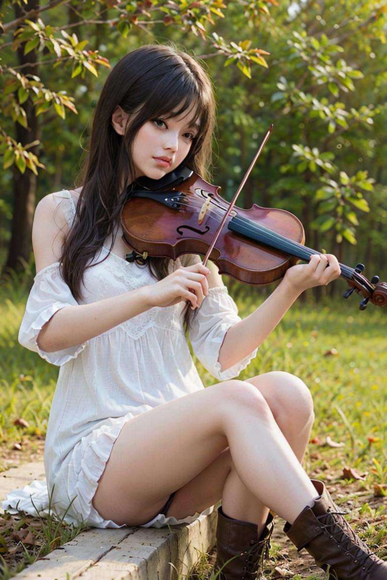 1girl, best quality, 8k, masterpiece, playing violin, violin, autumn, fallen leaves, off-shoulder top, sleeveless, stand, boot,<lora:violin_v6:0.68>