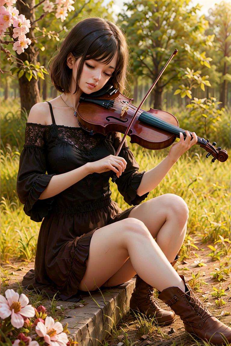 1girl, playing violin, violin, bow \(music\), spring, off-shoulder top, ((stand)), Bob Cut, skirt, big breasts, boot, closed eyes,best quality, 8k, masterpiece,  <lora:violin_v6:0.67>