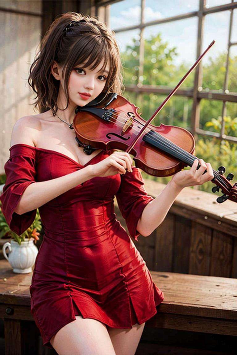 1girl, playing violin, violin, bow \(music\), indoor, off-shoulder top, ((stand)), Bob Cut, skirt, big breasts, best quality, 8k, masterpiece,  <lora:violin_v6:0.67>