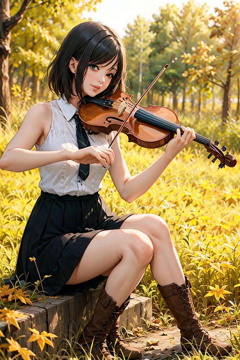 1girl, playing violin, violin, bow \(music\), autumn, fallen leaves, maple, shirt, ((sleeveless)), upper_body, <lora:violin_v6:0.67>, Bob Cut, skirt, big breasts, bootbest quality, 8k, masterpiece