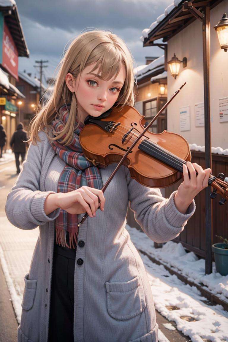 1girl, playing violin, violin, bow \(music\), snow, stand on street, coat, winter, scarf, snowing,   golden hair, indoor,best quality, 8k, masterpiece,<lora:violin_v11-000008:0.6>