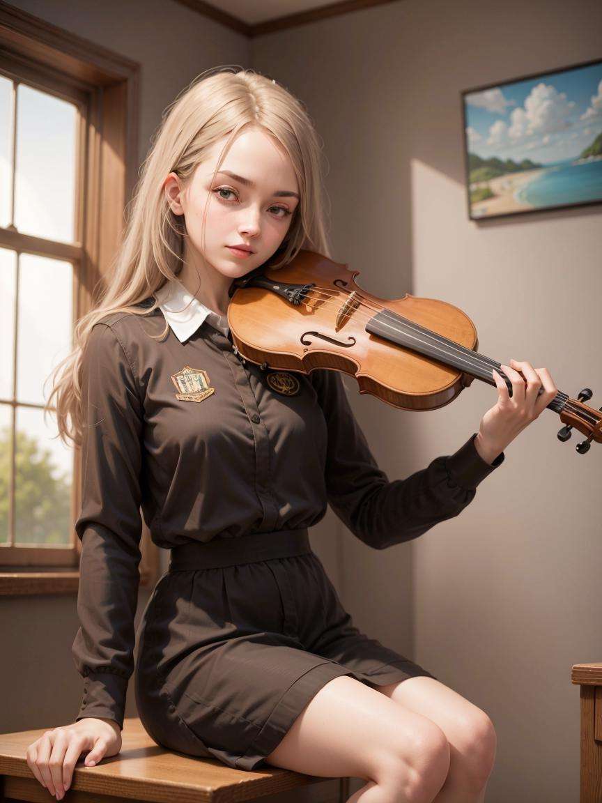 1girl, playing violin, violin, bow \(music\), sitting in the classroom high school uniform,   golden hair, indoor, full body,best quality, 8k, masterpiece, <lora:violin_v11-000008:0.53>