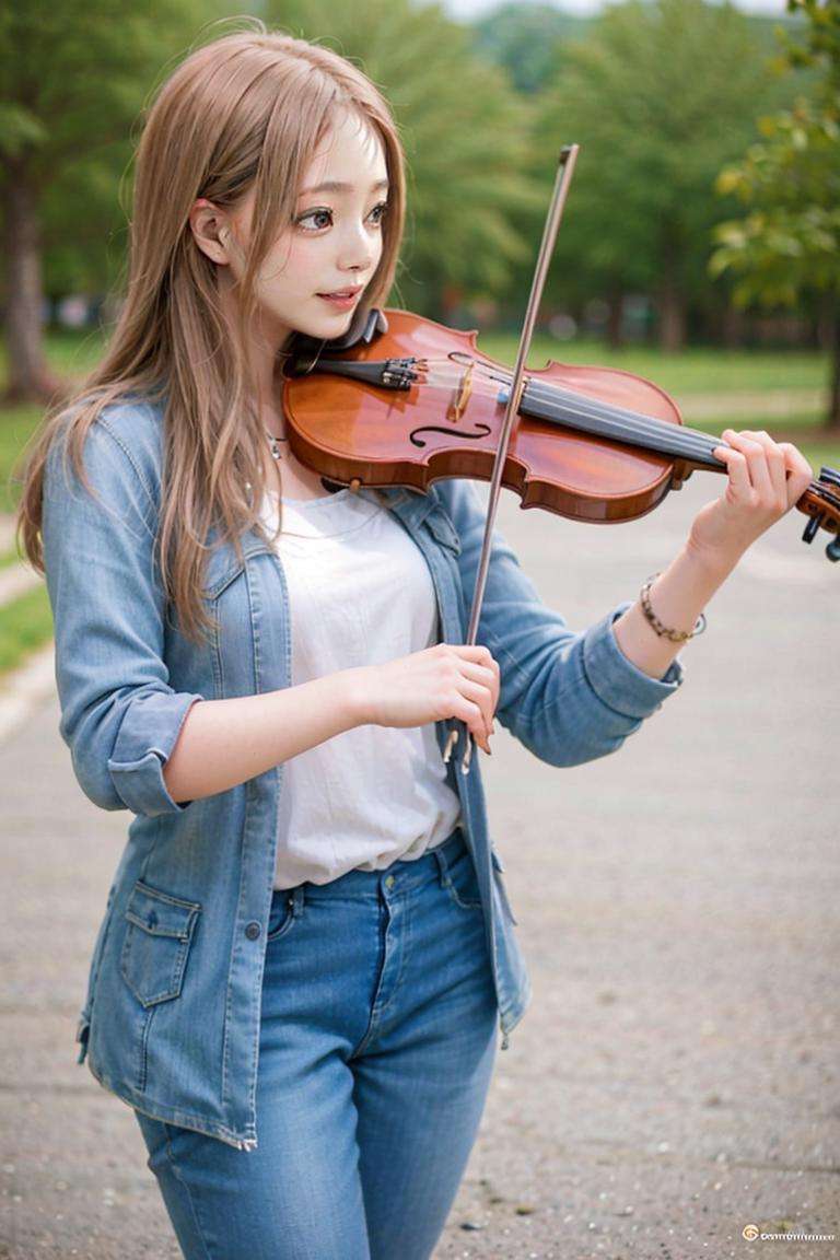 1girl, playing violin, violin, bow \(music\), snow, on the street, jeans trench coat,   golden hair, best quality, 8k, masterpiece,<lora:violin_v11-000008:0.67>