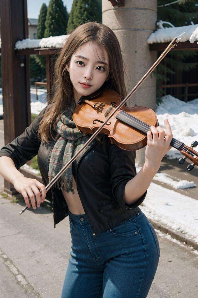 1girl, playing violin, violin, bow \(music\), snow, stand on the street, leather jacket, winter, scarf, snowing,   golden hair, indoor,best quality, 8k, masterpiece,<lora:violin_v11-000008:0.67>