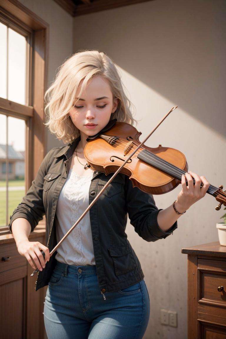 1girl, playing violin, violin, bow \(music\), indoor, ((jacket)), closed eyes, Bob Cut,   golden hair,best quality, 8k, masterpiece,<lora:violin_v11-000008:0.53>