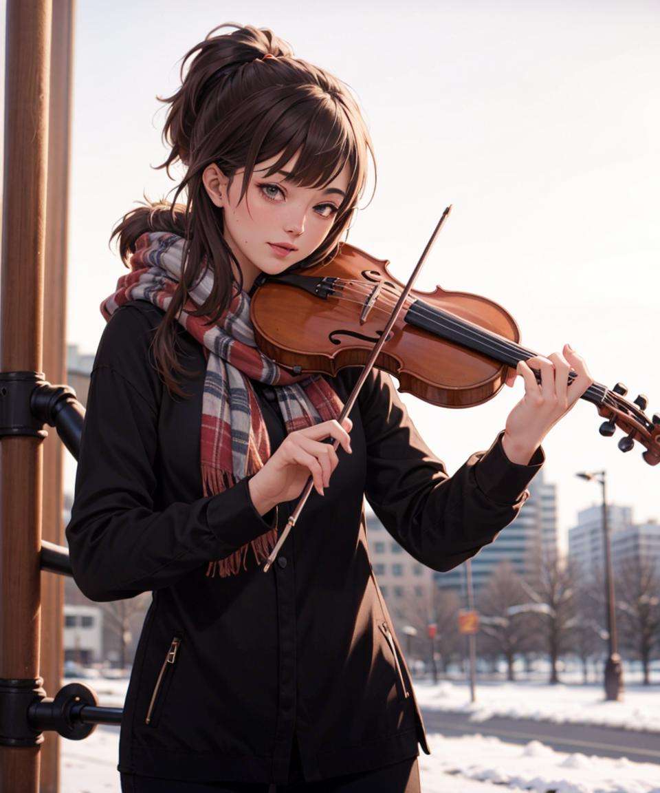 1girl, playing violin, violin, bow \(music\), stand on street, coat, winter, scarf, snowing,   golden hair, indoor,best quality, 8k, masterpiece,<lora:violin_v11-000008:0.66>