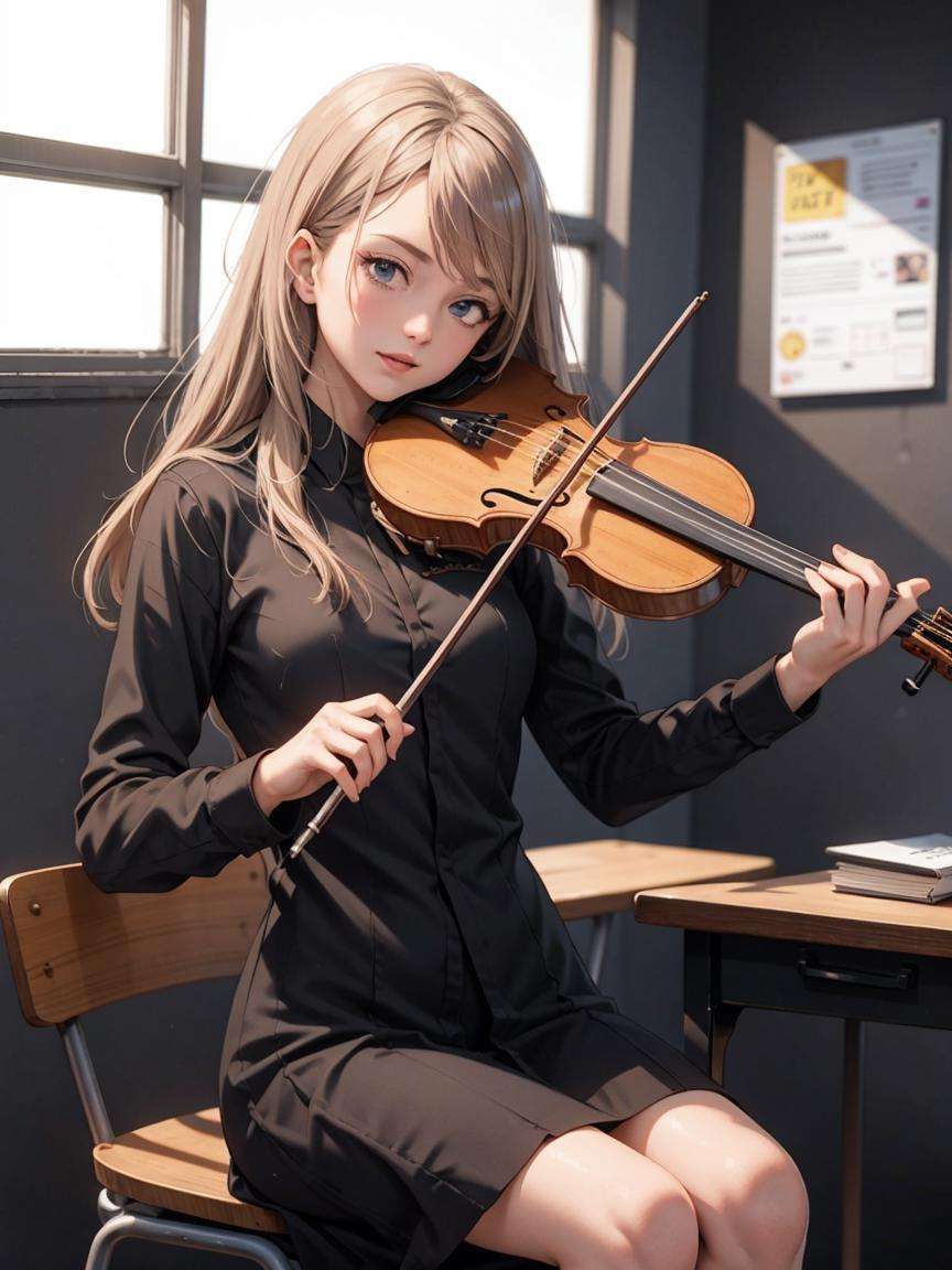 1girl, playing violin, violin, bow \(music\), sitting in the classroom high school uniform,   golden hair, indoor, full body, big breasts,best quality, 8k, masterpiece, <lora:violin_v11-000008:0.56>