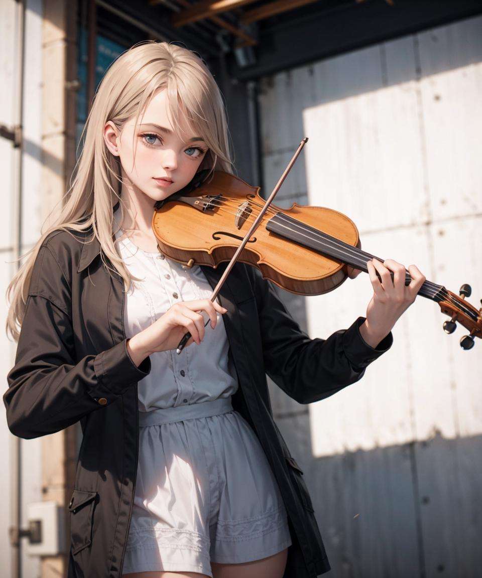 1girl, playing violin, violin, bow \(music\), stand on street, trench coat,   golden hair, indoor,best quality, 8k, masterpiece,<lora:violin_v11-000008:0.62>