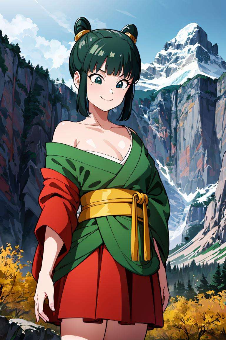 ((masterpiece,best quality)), absurdres,<lora:Yurin_DB:0.7>, Yurin_DB,  green kimono, red skirt, sarashi, single bare shoulder, Detailed face, smiling, cowboy shot, looking at viewer, mountain in background, cinematic composition, dynamic pose,