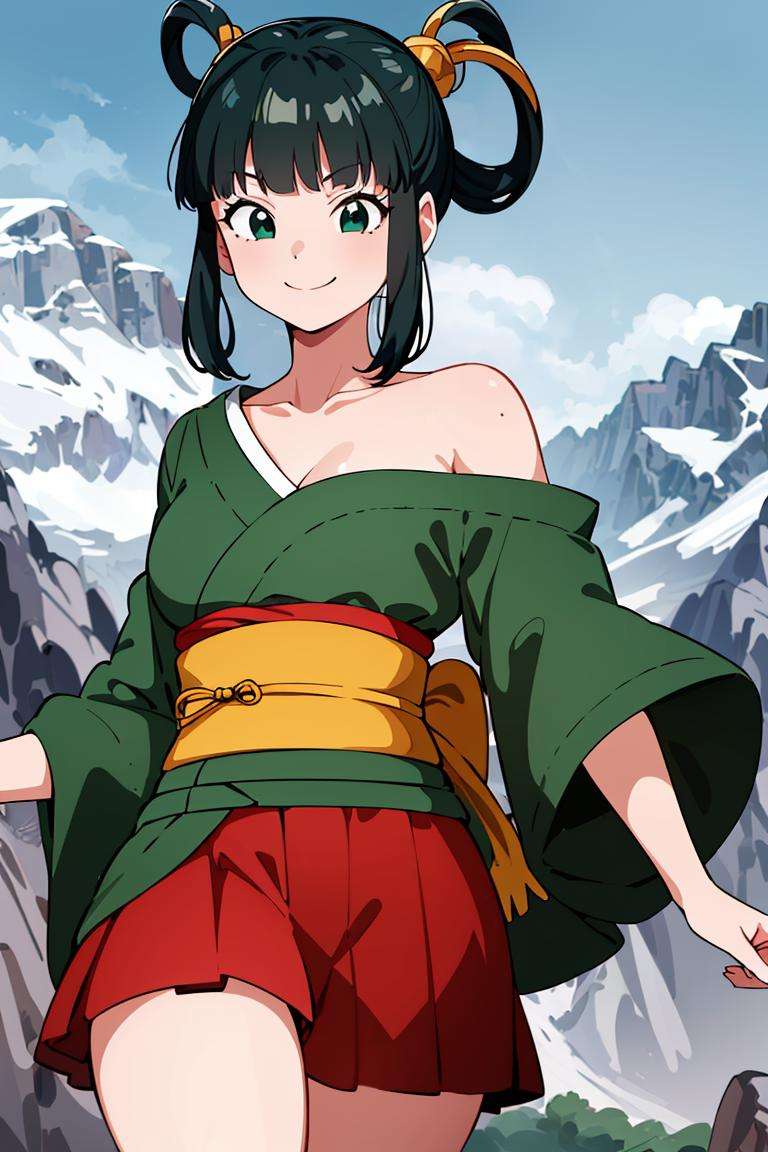 ((masterpiece,best quality)), absurdres,<lora:Yurin_DB:0.6>, Yurin_DB,  (green kimono, red skirt, sarashi, single bare shoulder), Detailed face, smiling, looking at viewer, mountain in background, cinematic composition, dynamic pose,