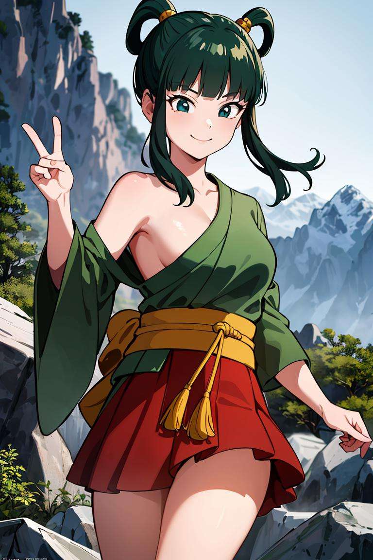 ((masterpiece,best quality)), absurdres,<lora:Yurin_DB:0.6>, Yurin_DB,  green kimono, red skirt, sarashi, single bare shoulder, Detailed face, smiling, looking at viewer, mountain in background, cinematic composition, dynamic pose,