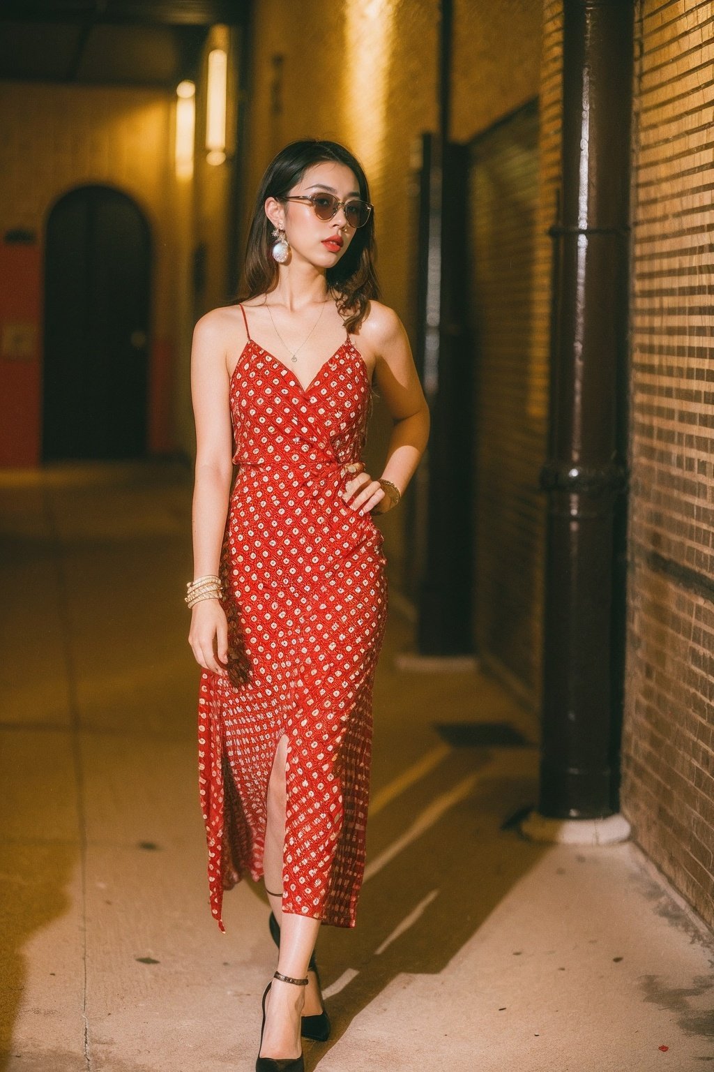 Best Quality,Masterpiece,Ultra High Resolution,(Realisticity:1.4),Original Photo,Cinematic Lighting,HongKong Style,HongKong,1girl,dress,jewelry,solo,polka dot,long hair,red dress,bracelet,realistic,earrings,black hair,polka dot dress,glasses,brown hair,full body,