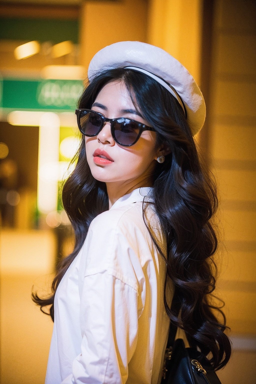 Best Quality,Masterpiece,Ultra High Resolution,(Realisticity:1.4),Original Photo,Cinematic Lighting,HongKong Style,HongKong, 1girl, solo, hat, sunglasses, black hair, long hair, bag, photo background, black headwear, long sleeves, upper body, shirt, blurry