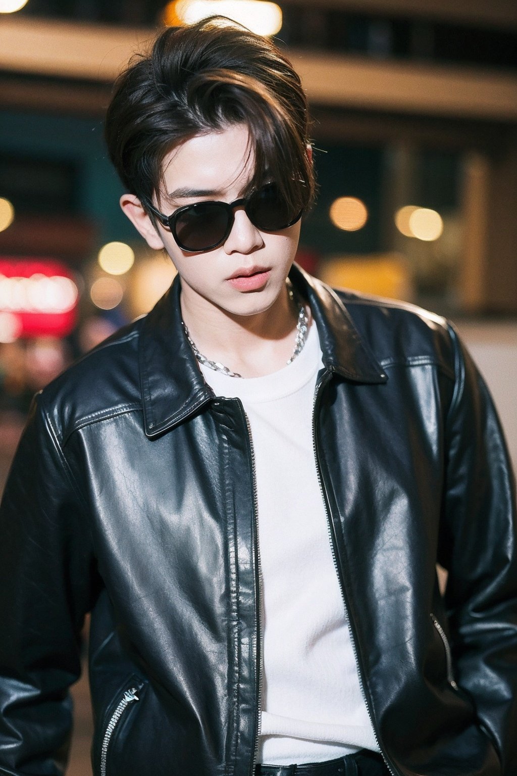 Best Quality,Masterpiece,Ultra High Resolution,(Realisticity:1.4),Original Photo,Cinematic Lighting,1 boy,HONGKONG, solo, male focus, sunglasses, brown hair, jacket, shirt, blurry background, blurry, upper body, white shirt, realistic, short hair, leather jacket, black jacket, leather, artist name