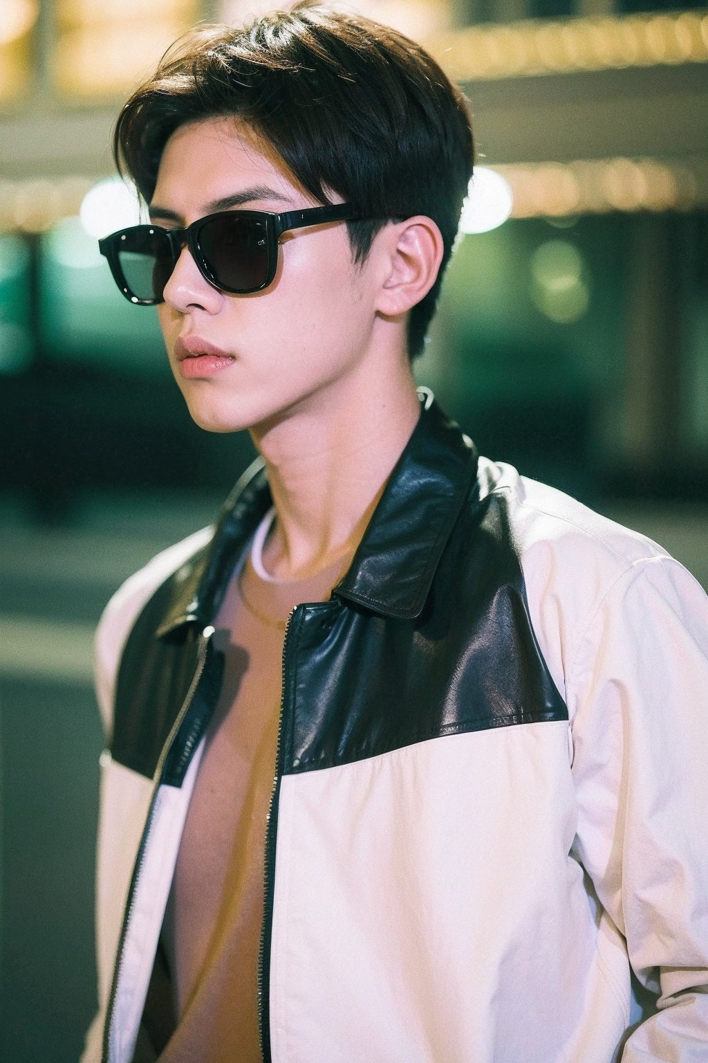 Best Quality,Masterpiece,Ultra High Resolution,(Realisticity:1.4),Original Photo,Cinematic Lighting,1 boy,HONGKONG, solo, male focus, sunglasses, brown hair, jacket, shirt, blurry background, blurry, upper body, white shirt, realistic, short hair, leather jacket, black jacket, leather, artist name