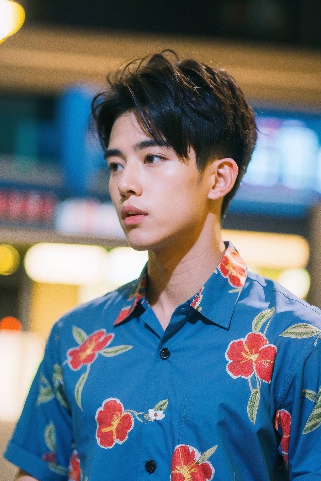 Best Quality,Masterpiece,Ultra High Resolution,(Realisticity:1.4),Original Photo,Cinematic Lighting,1 boy,HONGKONG, male focus, solo, black hair, shirt, upper body, realistic, print shirt, blue shirt, collared shirt, short hair, hawaiian shirt, floral print, black eyes