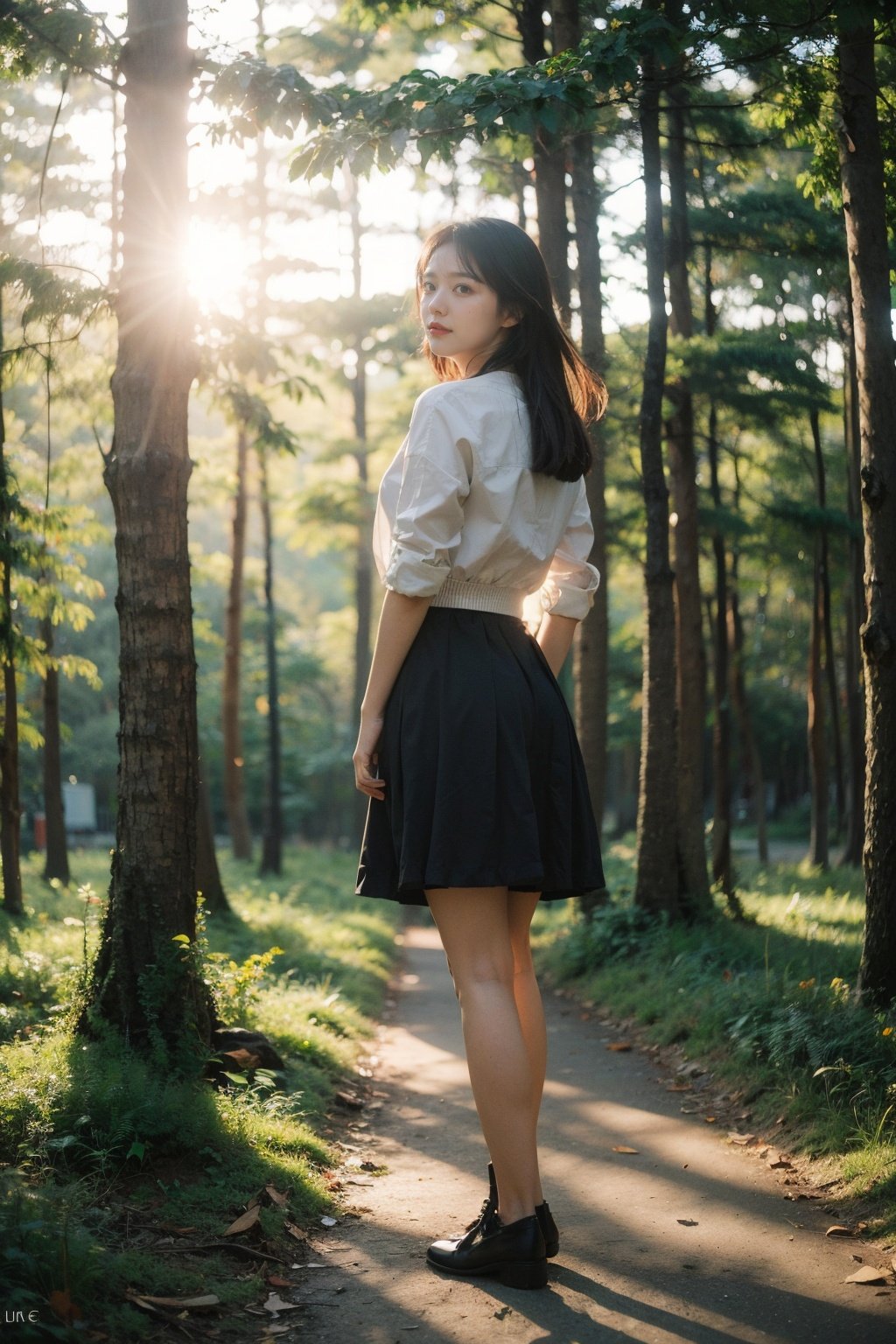 Best Quality,Masterpiece,Ultra High Resolution,(Realisticity:1.4),Original Photo,Cinematic Lighting,1Girl,full body,forest,sunshine,backlighting,