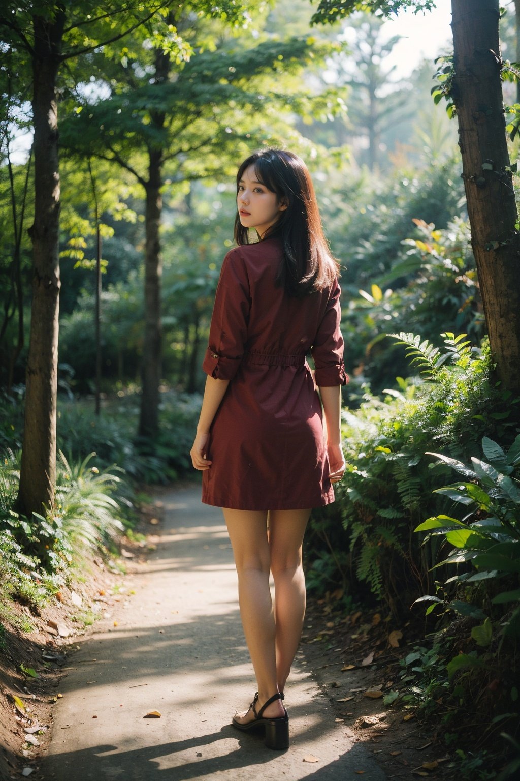 Best Quality,Masterpiece,Ultra High Resolution,(Realisticity:1.4),Original Photo,Cinematic Lighting,1Girl,Cute,full body,forest,backlighting,tindal effect,