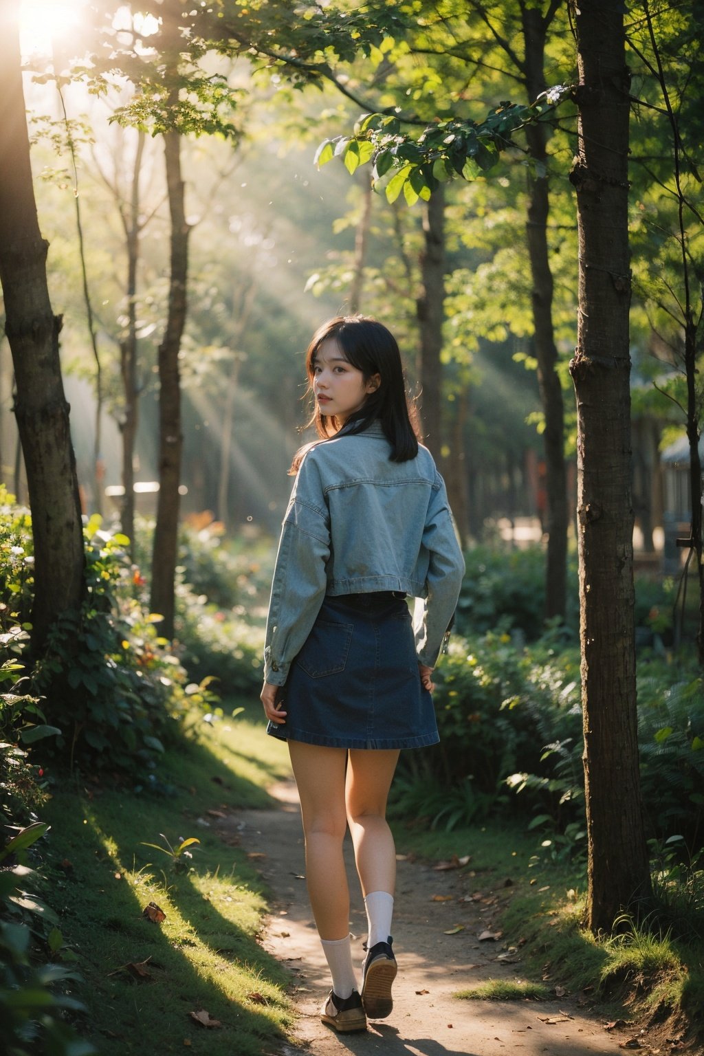 Best Quality,Masterpiece,Ultra High Resolution,(Realisticity:1.4),Original Photo,Cinematic Lighting,1Girl,full body,forest,sunshine,backlighting,