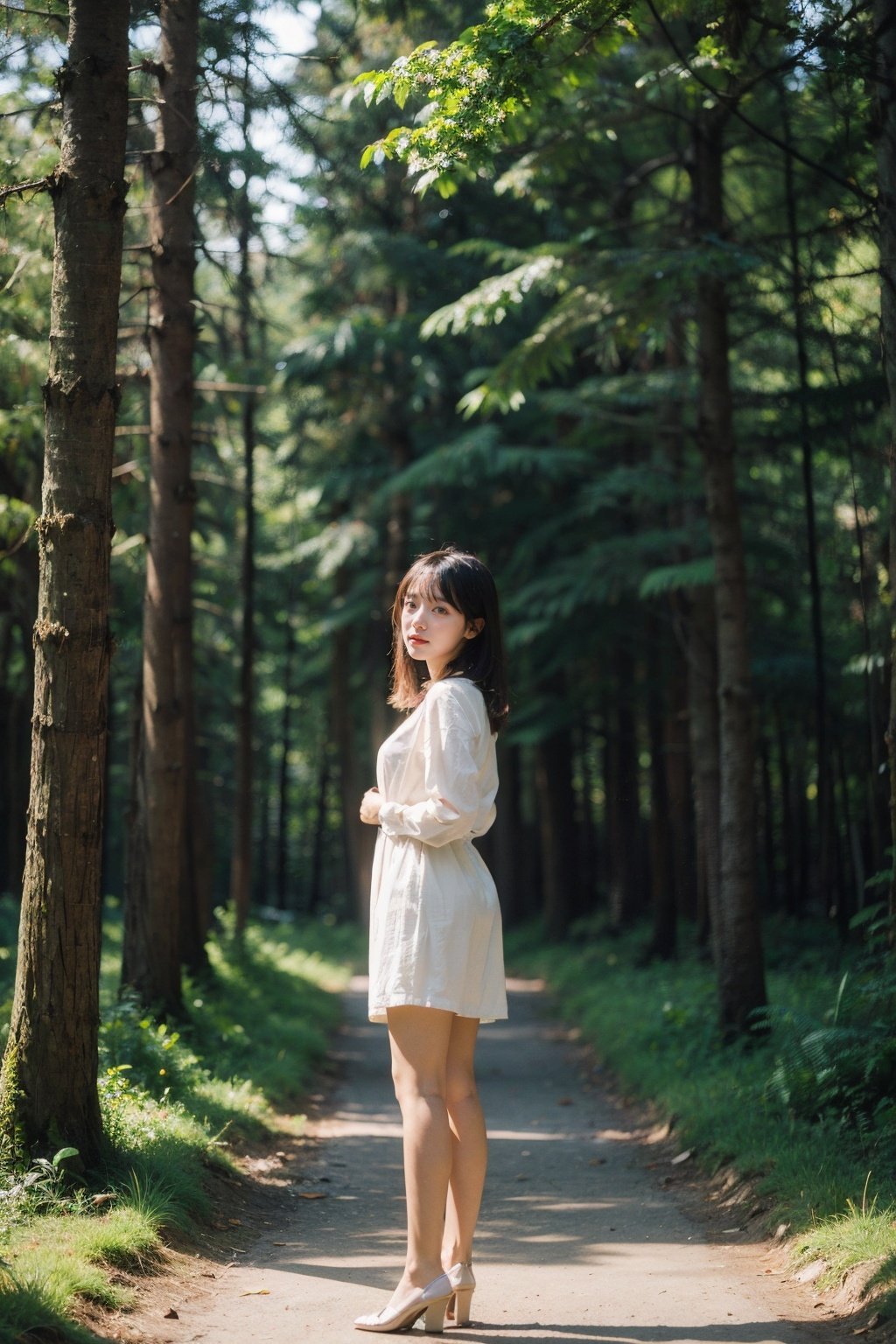 Best Quality,Masterpiece,Ultra High Resolution,(Realisticity:1.4),Original Photo,Cinematic Lighting,1Girl,Cute,full body,forest,backlighting,