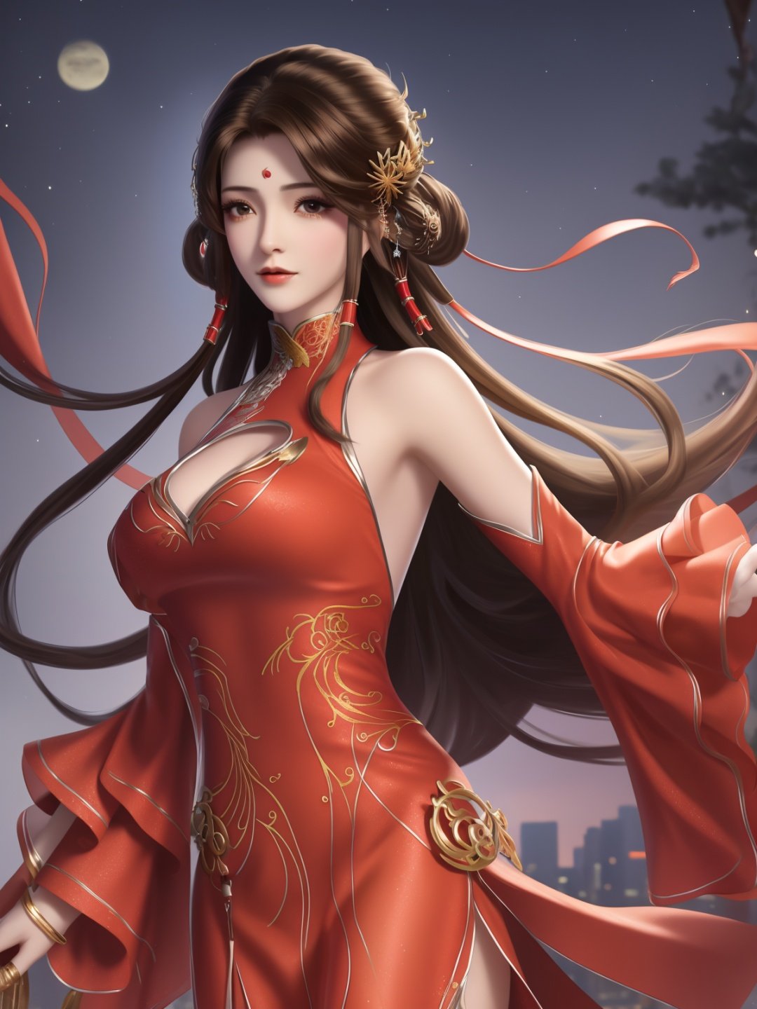 1girl,clothing cutout,dress,bare shoulders,chinese clothes, facial hair, forehead mark, hair ornament, long hair, jewelry, hair rings, cityscape, night, looking at viewer, mature female, brown hair, chinese clothes,see-through,trim, cowboy shot,  <lora:HUOLINGERwmsj_20230723202034:0.8>