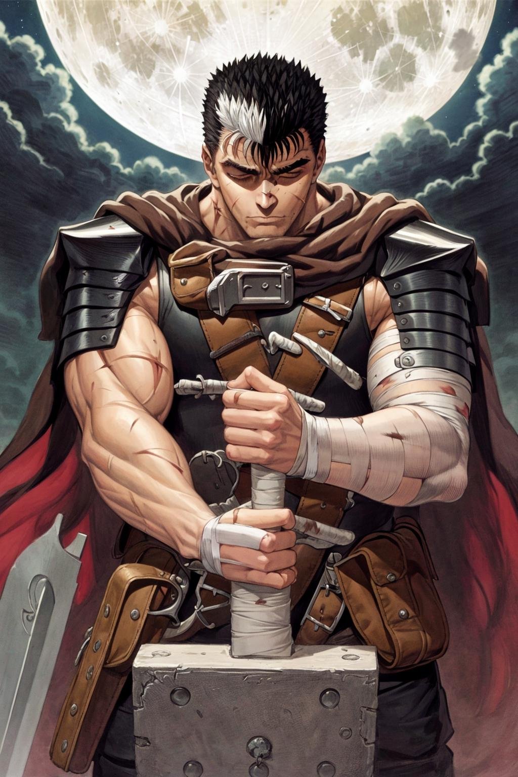 masterpiece, best quality, highly detailed, guts \(berserk\), 1boy, armor, bandages, black hair, cape, full moon, huge weapon, male focus, manly, moon, multicolored hair, one eye closed, scar, solo, sword, weapon, white hair