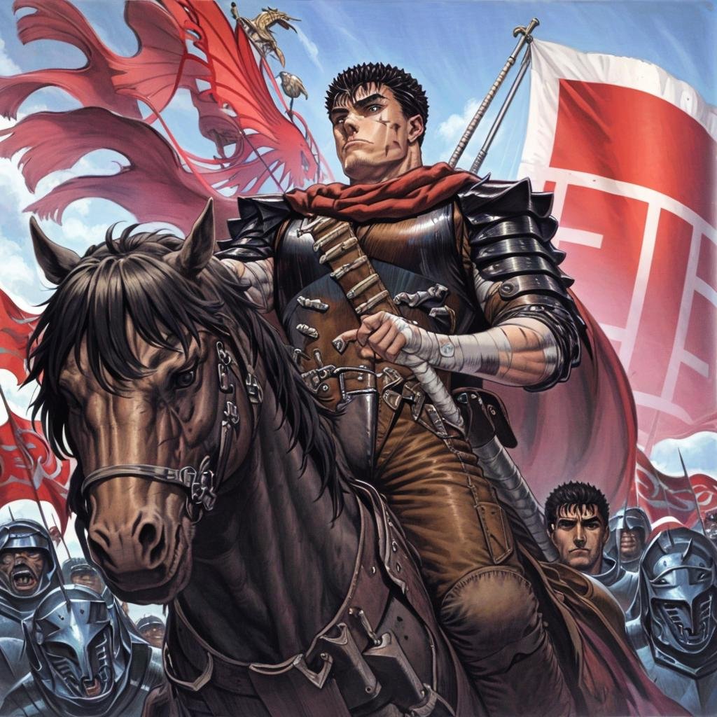 masterpiece, best quality, highly detailed, guts \(berserk\), armor, bandages, black hair, cape, flag, helmet, horse, horseback riding, male focus, manly, multiple boys, polearm, riding, scar, sheath, sword, traditional media, weapon