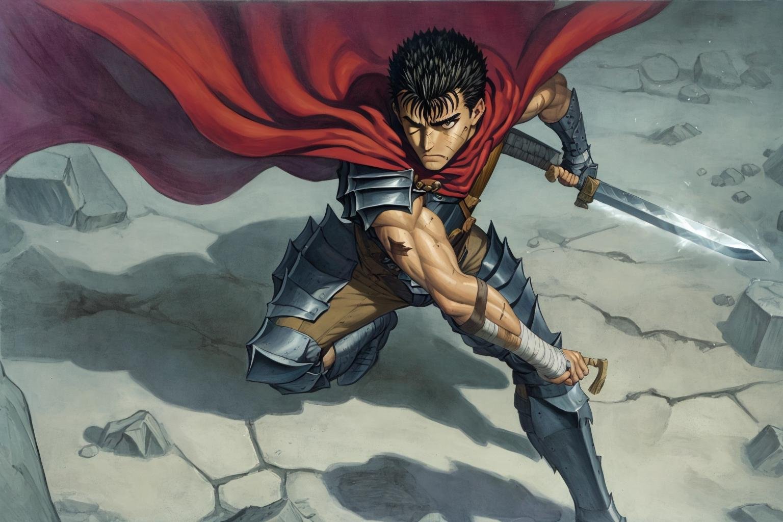 masterpiece, best quality, highly detailed, guts \(berserk\), 1boy, solo,  dynamic angle, from above, running fighting stance, attack battle form, floating debris dust stones winds,armor,  one eye closed, scar, bandages, black hair, cape, male focus, manly, holding sword, huge sword, holding, traditional media, weapon, full moon