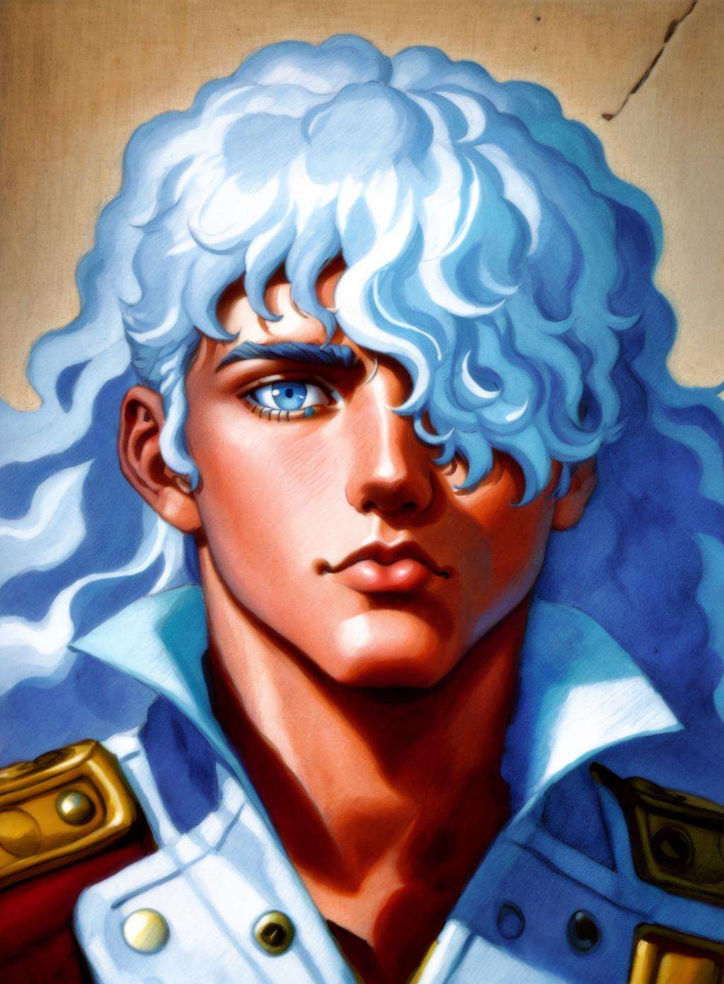 masterpiece, best quality, hires, 1990s \(style\), 1boy, androgynous, blue eyes, epaulettes, hair over one eye, long hair, male focus, painting \(medium\), retro artstyle, solo, traditional media, wavy hair, white hair, toned paper