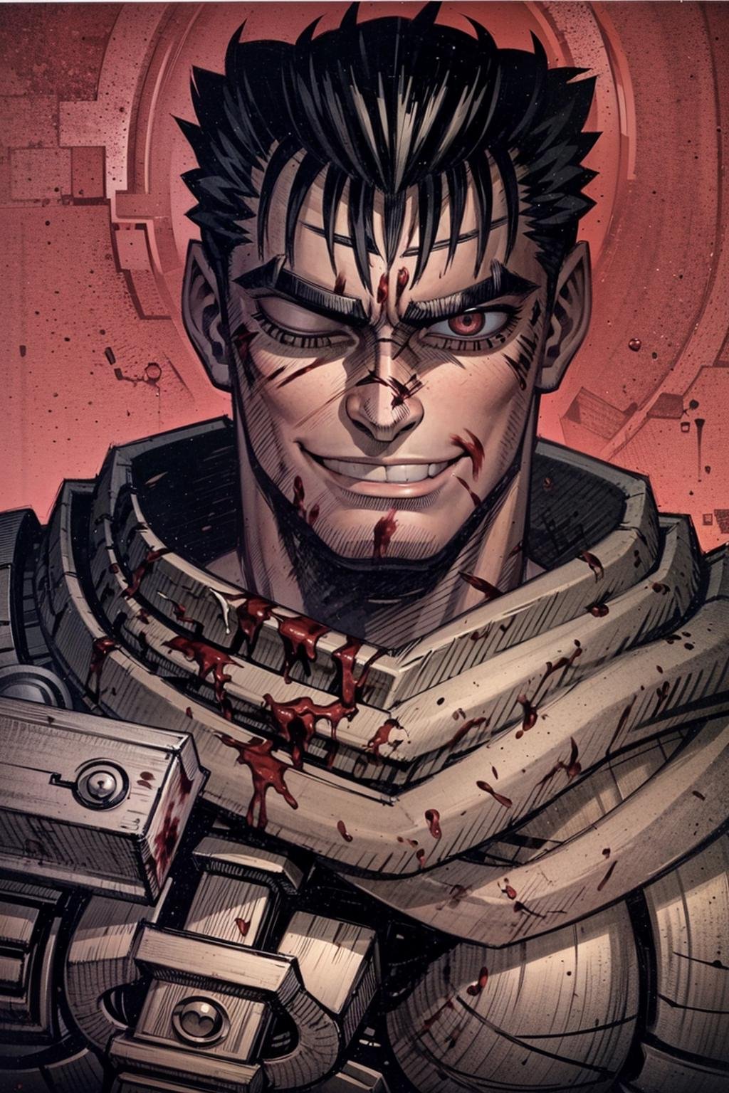 portrait of guts \(berserk\), 1boy, black hair, smiling, teeth, closed mouth, looking at viewer, male focus, one eye closed, red background, scar, scar on face, scar on nose, scarf, short hair, solo, upper body, weapon on back, blood moon, red night, sword on back, traditional media  <lora:Guts_08:0.65> <lora:VanripArt_08:0.9>