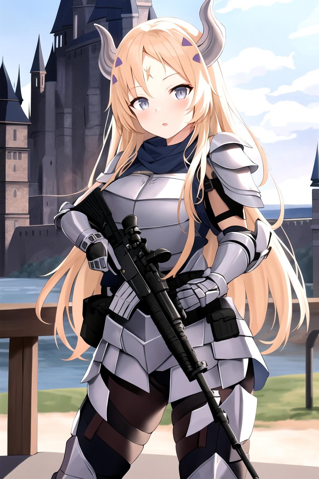 masterpiece, best quality, 1girl, m4a1, ecclesia, armor, horns, rifle, trigger discipline, castle background  <lora:Ecclesia e6:0.8>  <lora:m4a1:0.85>