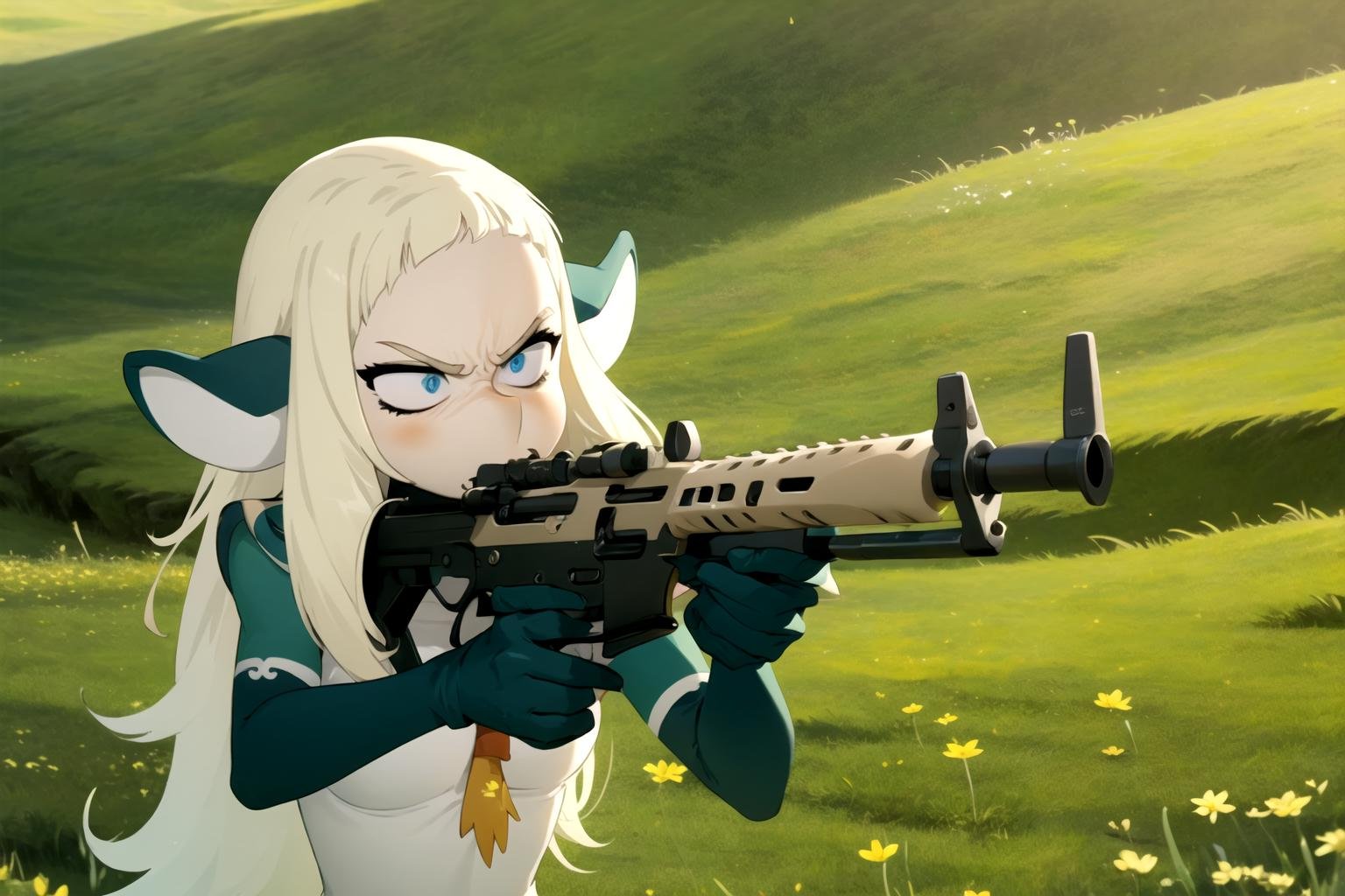 masterpiece, best quality, 1girl, bakarajurgen, m4a1, riffle, angry, meadow background  <lora:BakaraJurgen:1> <lora:m4a1:0.8>