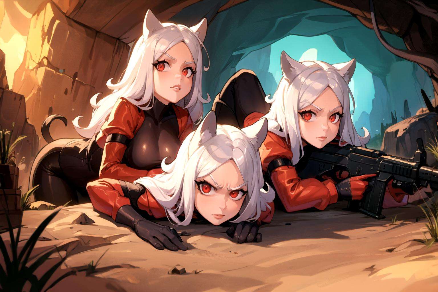 best quality, beautifully detailed illustration, soft lighting, (best shadows), looking at viewer, BREAK 3girls, cerberus \(helltaker\),  m4a1, riffle, angry, outdoors, red eyes, (glowing eyes:0.6), cave background <lora:ReiqArtV2:0.8>  <lora:CerberusV1:0.9>