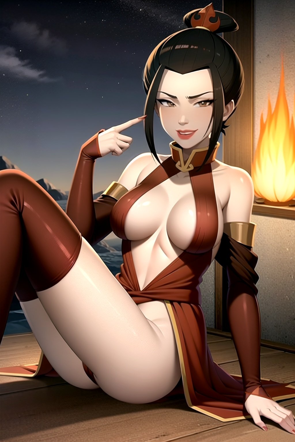 masterpiece, best quality, 1girl, azula, smile, lipstick, makeup, revealing clothes, sexy pose,  looking at viewer, fire, night, night sky <lora:Azula:1> <lora:epiNoiseoffset_v2:1>