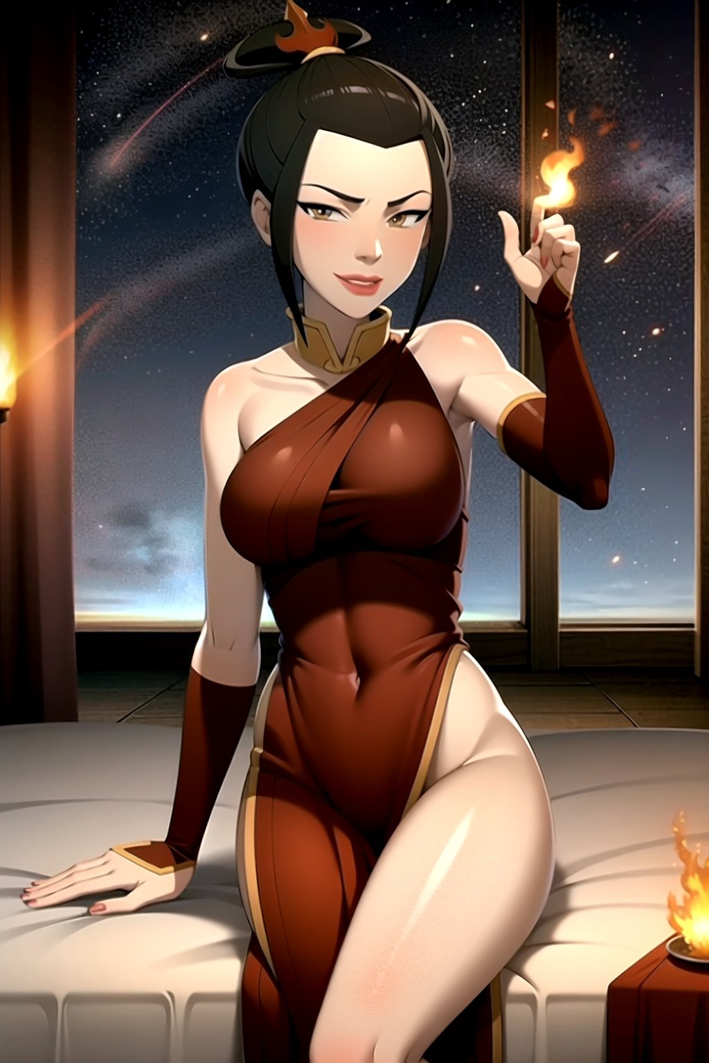 masterpiece, best quality, 1girl, azula, smile, lipstick, makeup, revealing clothes, sexy pose,  looking at viewer, fire, night, night sky <lora:Azula:1> <lora:epiNoiseoffset_v2:1>