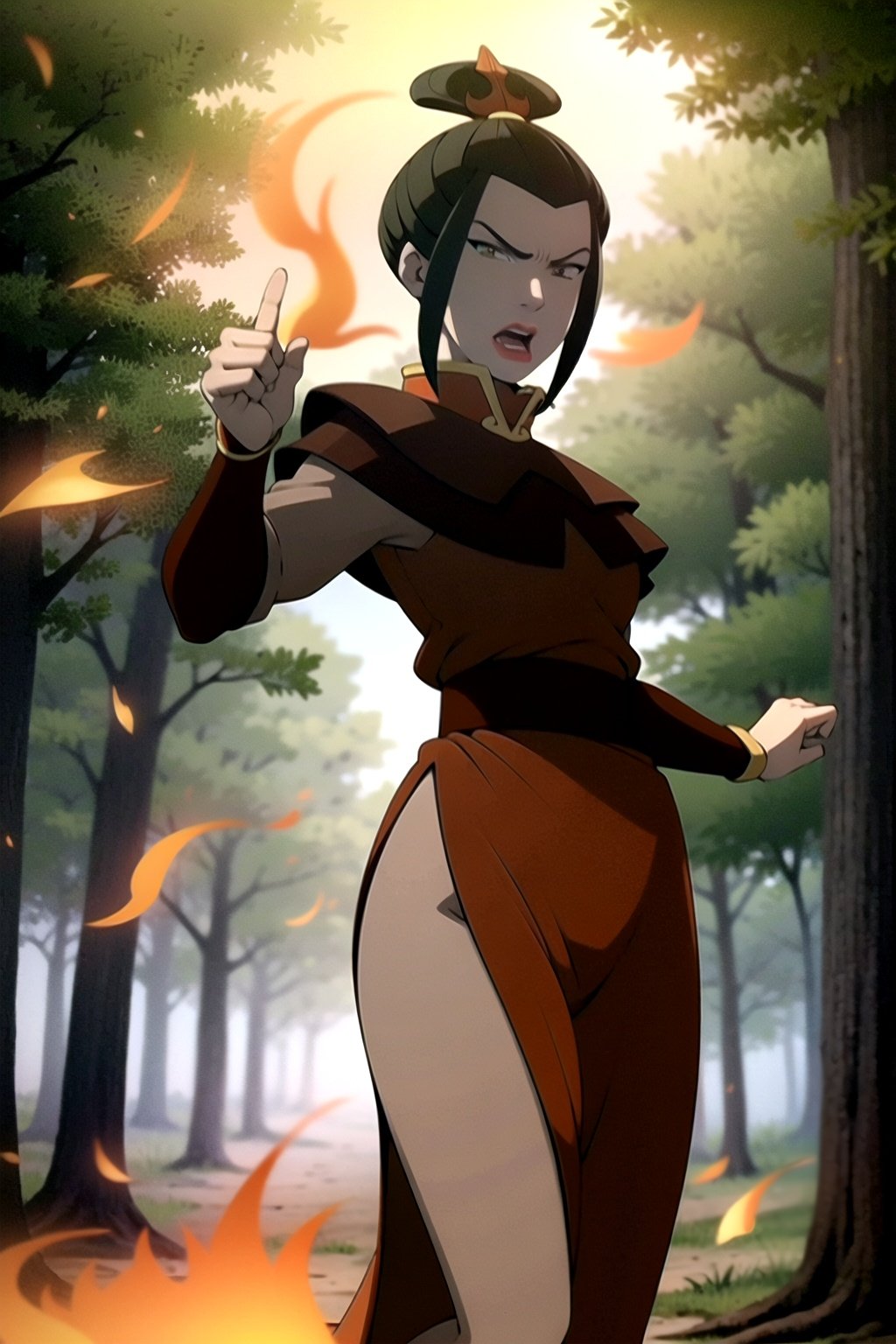 masterpiece, best quality, 1girl, azula, angry, open mouth, lipstick, makeup, looking at viewer, fire, forest fire <lora:Azula:1>